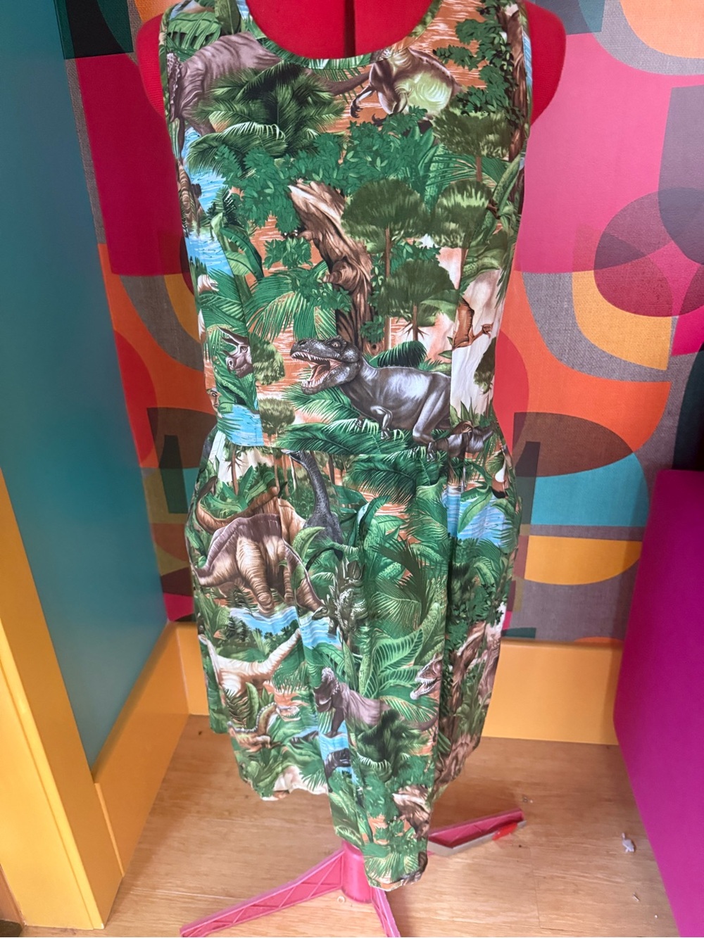 Retrolicious Green & Brown Dinosaur Print Sleeveless Dress